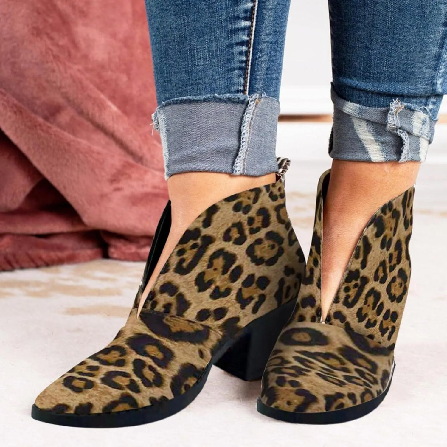 ZBYY Womens Pointed Toe Ankle Boots V Cut Back Zipper Chelsea Booties Slip On Chunky Low Heel Dressy Western Booties